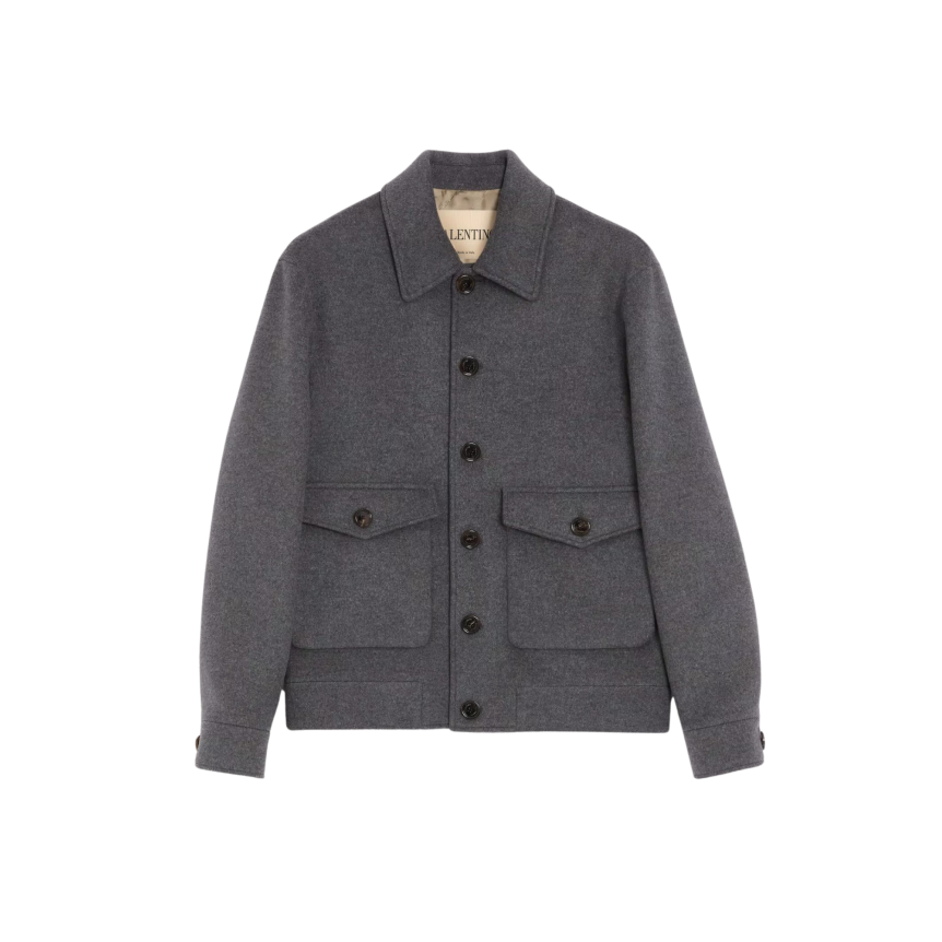 Blouson à col fermeture bouton VALENTINO laine cachemire gris anthracite poche plaquée à rabat