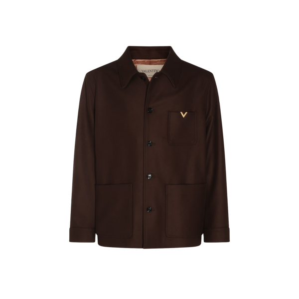 Veste décontractée VALENTINO surchemise à bouton laine vierge marron poche V logo