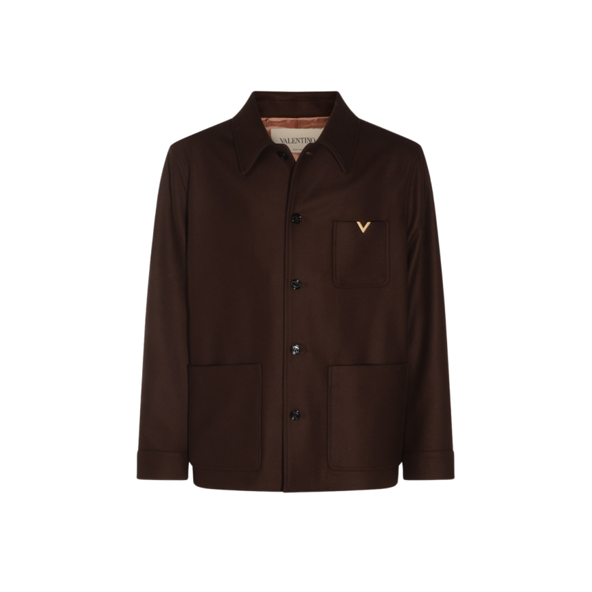 Veste décontractée VALENTINO surchemise à bouton laine vierge marron poche V logo
