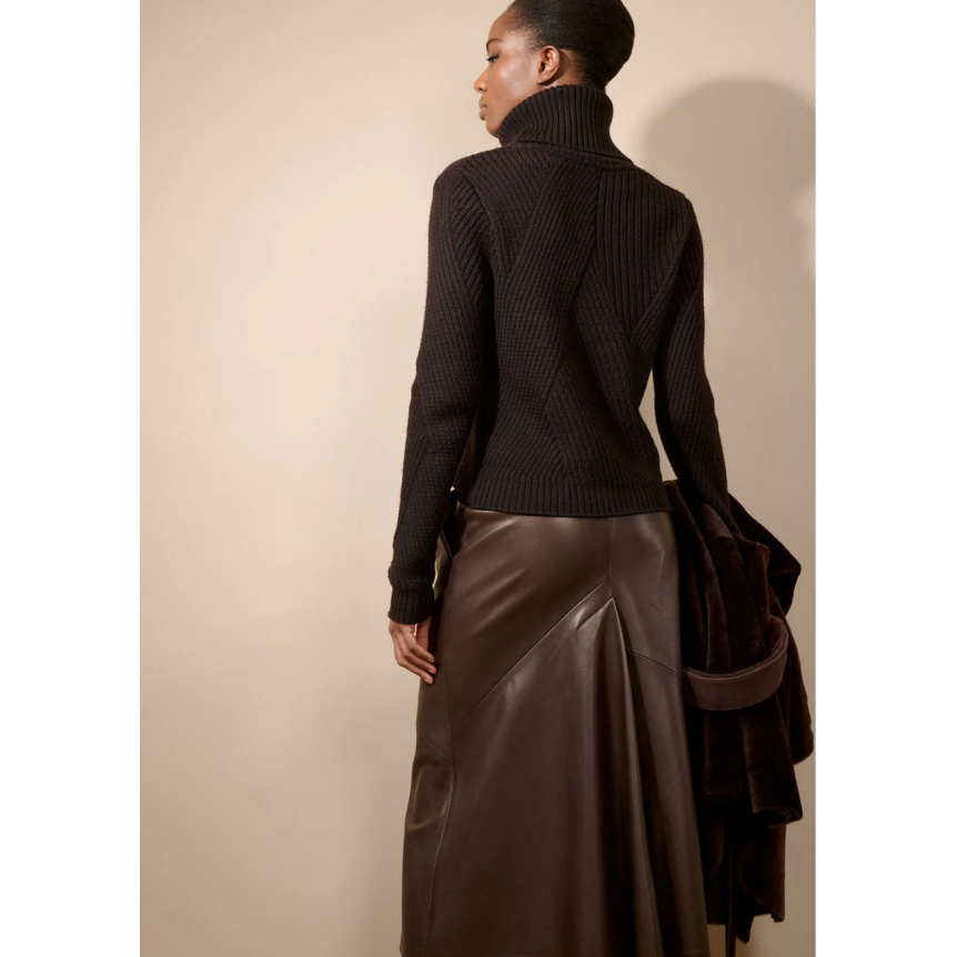 Jupe midi évasée BARBARA BUI cuir agneau marron café fente avant
