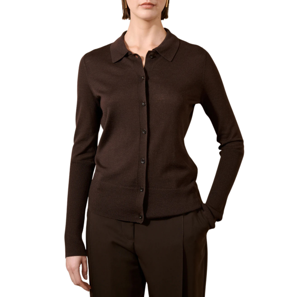 Cardigan à bouton BARBARA BUI col polo laine mérinos soie marron moka