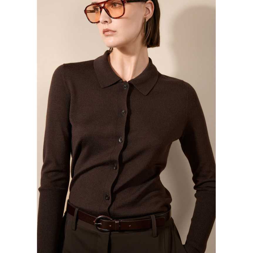 Cardigan à bouton BARBARA BUI col polo laine mérinos soie marron moka