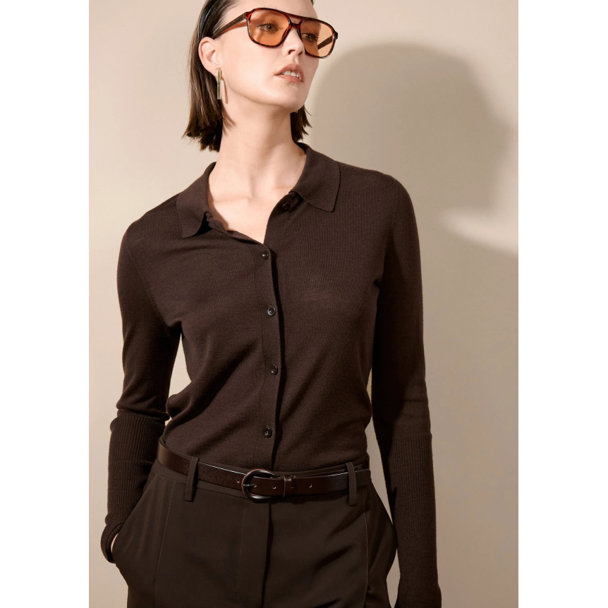Cardigan à bouton BARBARA BUI col polo laine mérinos soie marron moka