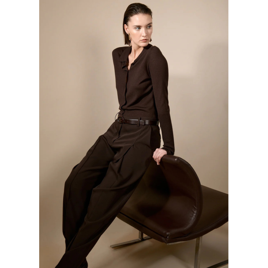 Cardigan à bouton BARBARA BUI col polo laine mérinos soie marron moka