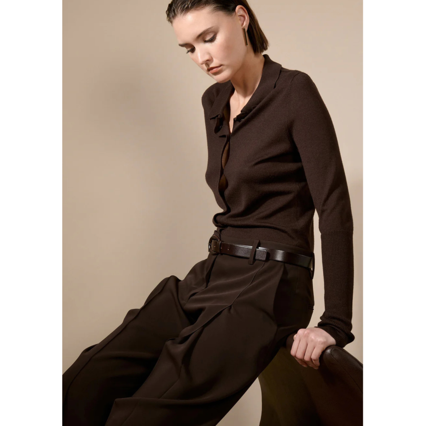 Cardigan à bouton BARBARA BUI col polo laine mérinos soie marron moka