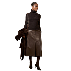 Jupe midi évasée BARBARA BUI cuir agneau marron café fente avant