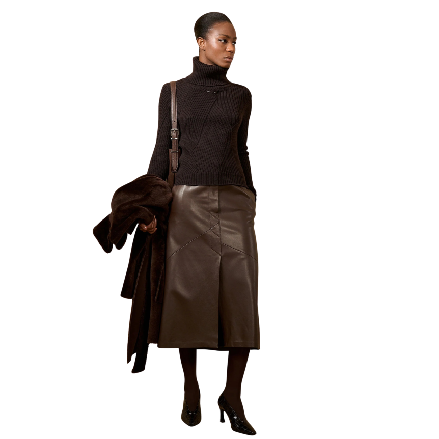 Jupe midi évasée BARBARA BUI cuir agneau marron café fente avant