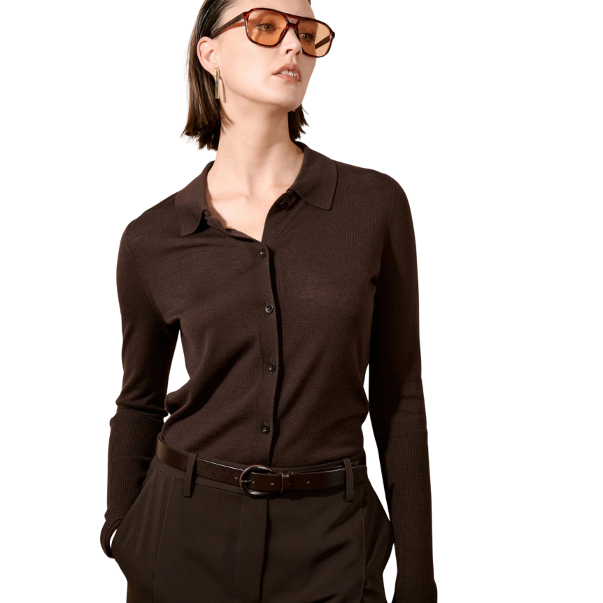 Cardigan à bouton BARBARA BUI col polo laine mérinos soie marron moka