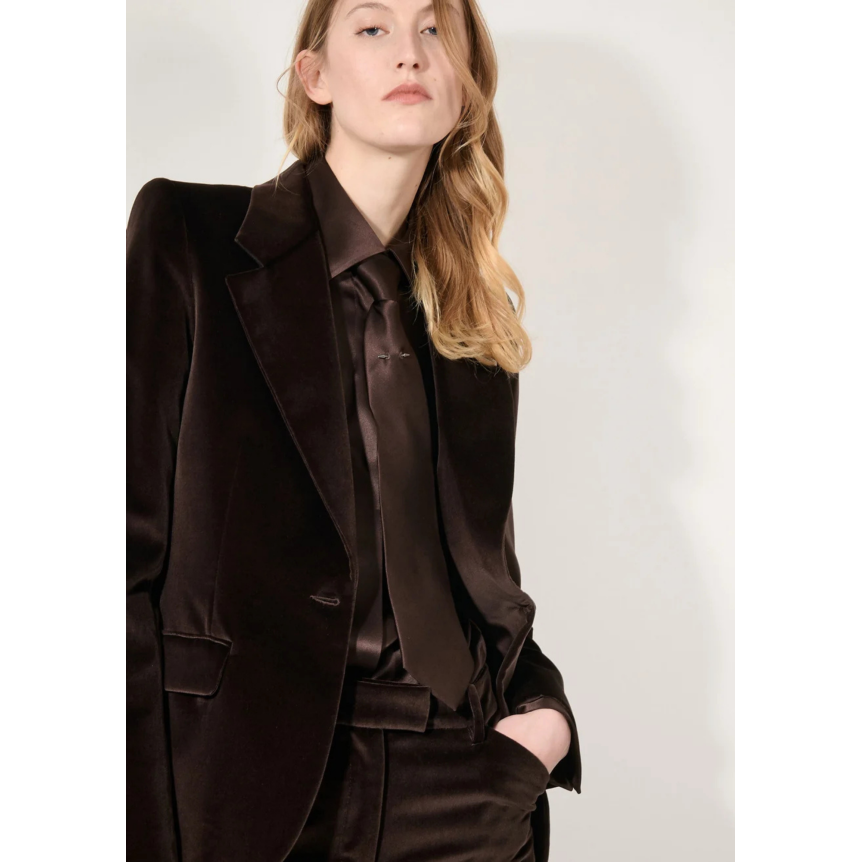 Veste de tailleur blazer BARBARA BUI coton velours lisse marron moka