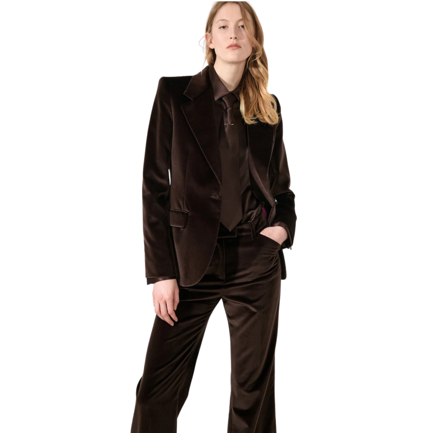 Veste de tailleur blazer BARBARA BUI coton velours lisse marron moka