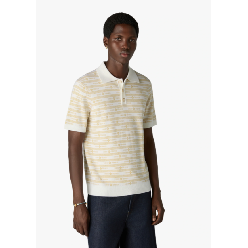 Polo à manche courte CASABLANCA en maille laine beige à logo écriture