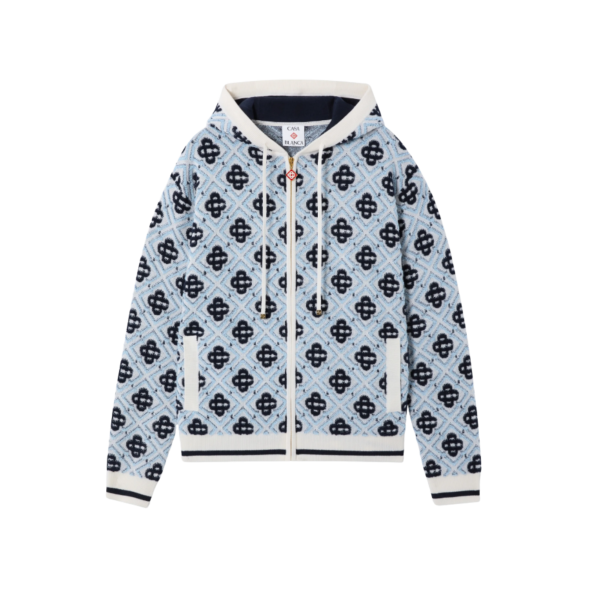 Sweat à capuche zippé CASABLANCA en laine mérinos bleu ciel à monogramme CC