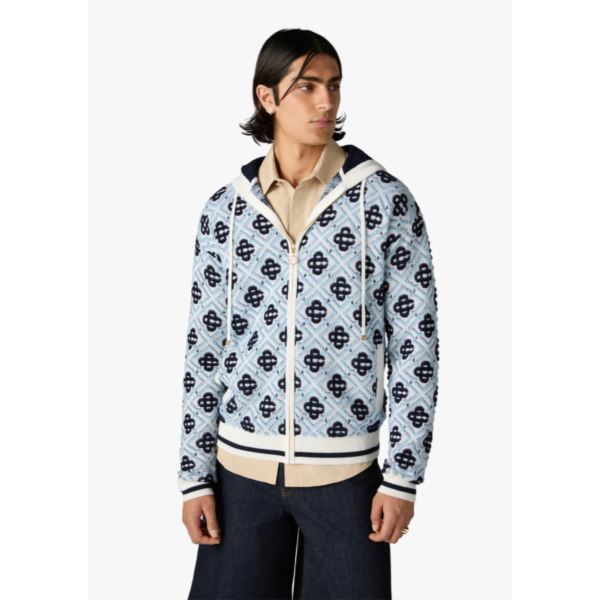 Sweat à capuche zippé CASABLANCA en laine mérinos bleu ciel à monogramme CC