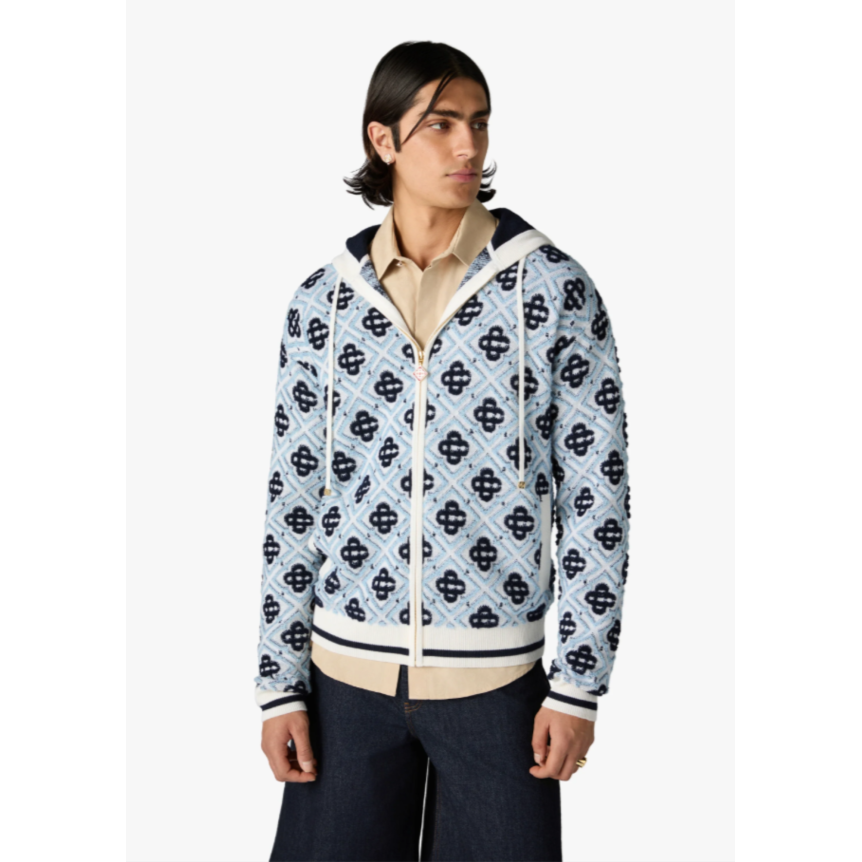 Sweat à capuche zippé CASABLANCA en laine mérinos bleu ciel à monogramme CC