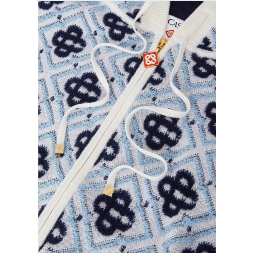Sweat à capuche zippé CASABLANCA en laine mérinos bleu ciel à monogramme CC