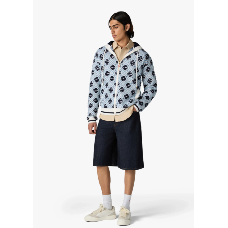 Sweat à capuche zippé CASABLANCA en laine mérinos bleu ciel à monogramme CC