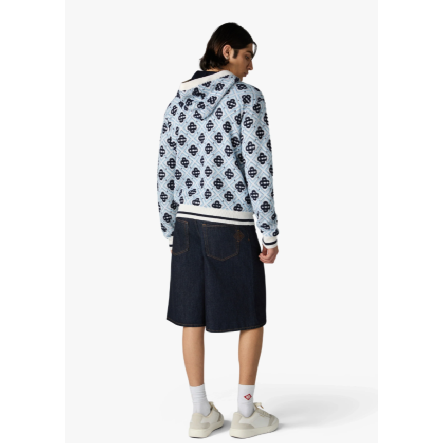 Sweat à capuche zippé CASABLANCA en laine mérinos bleu ciel à monogramme CC