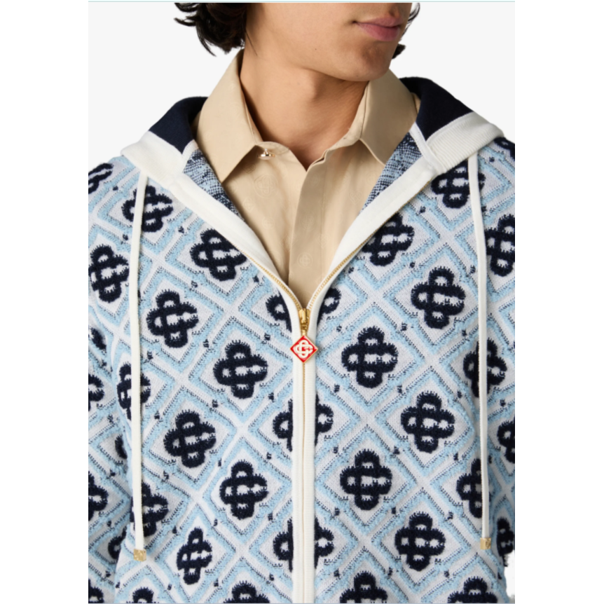 Sweat à capuche zippé CASABLANCA en laine mérinos bleu ciel à monogramme CC
