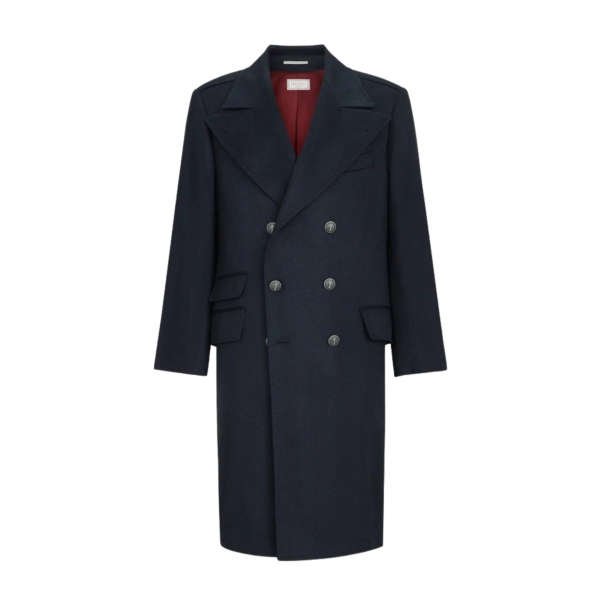Manteau croisé BRUNELLO CUCINELLI en flanelle de cachemire à chevrons bleu marine bouton métal