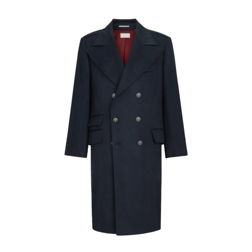 Manteau croisé BRUNELLO CUCINELLI en flanelle de cachemire à chevrons bleu marine bouton métal