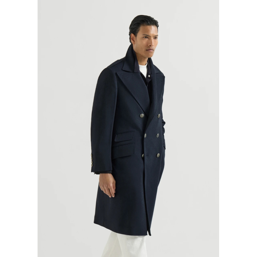 Manteau croisé BRUNELLO CUCINELLI en flanelle de cachemire à chevrons bleu marine bouton métal