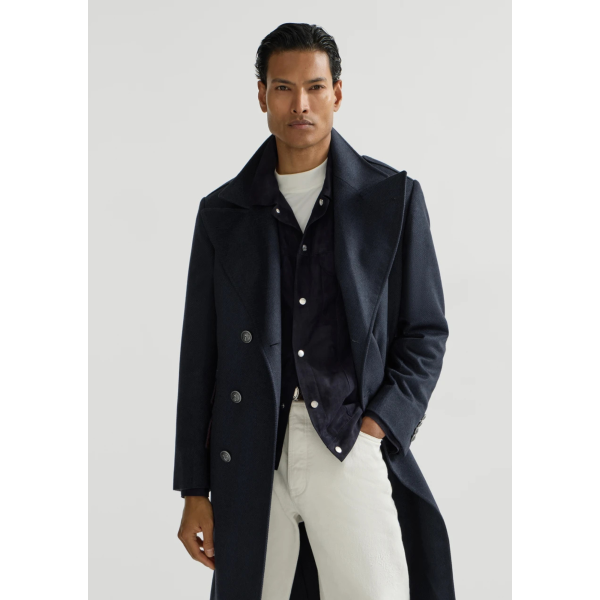 Manteau croisé BRUNELLO CUCINELLI en flanelle de cachemire à chevrons bleu marine bouton métal