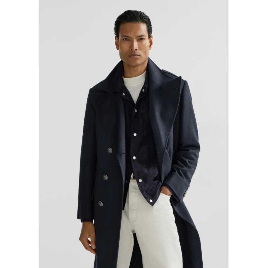 Manteau croisé BRUNELLO CUCINELLI en flanelle de cachemire à chevrons bleu marine bouton métal