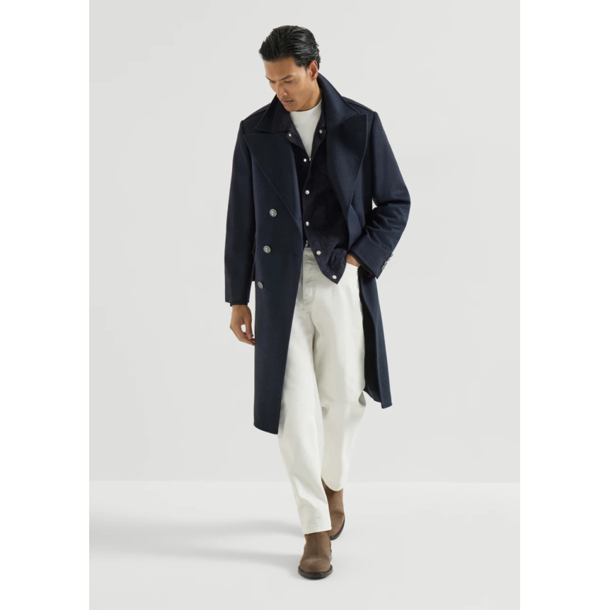 Manteau croisé BRUNELLO CUCINELLI en flanelle de cachemire à chevrons bleu marine bouton métal