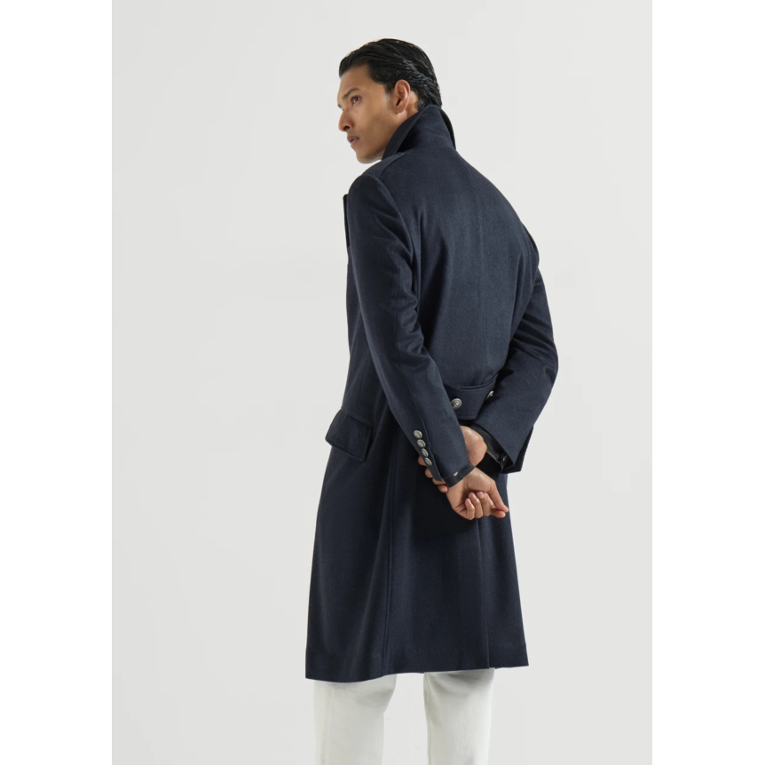 Manteau croisé BRUNELLO CUCINELLI en flanelle de cachemire à chevrons bleu marine bouton métal