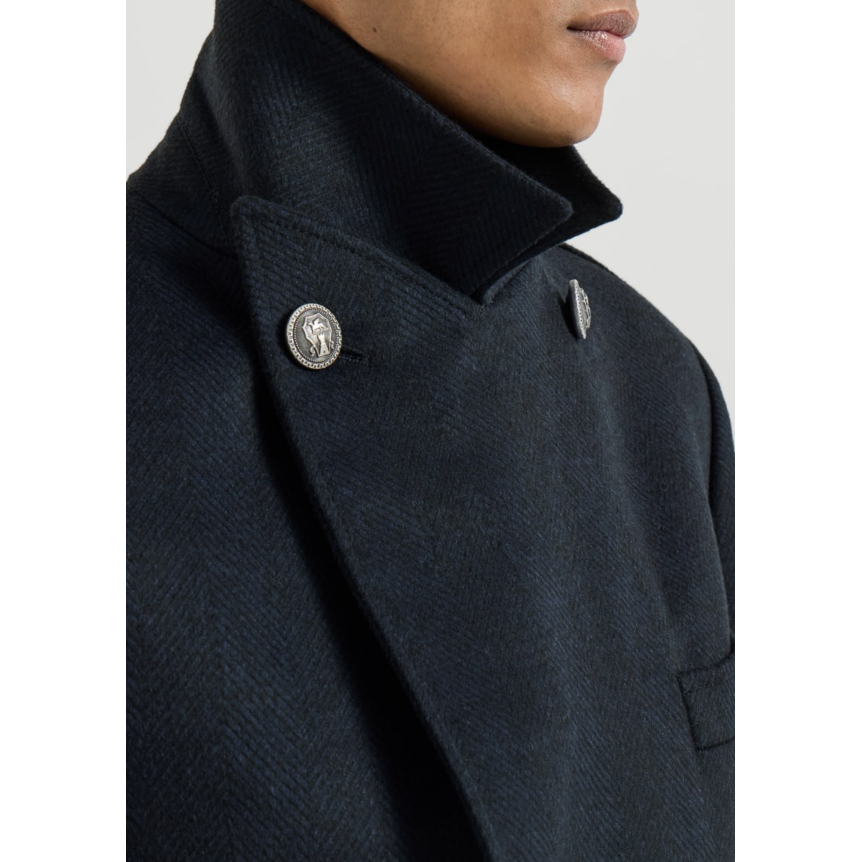 Manteau croisé BRUNELLO CUCINELLI en flanelle de cachemire à chevrons bleu marine bouton métal