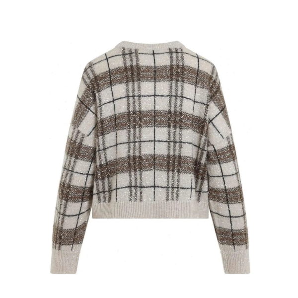 Pull col rond BRUNELLO CUCINELLI beige carreaux marron sequins