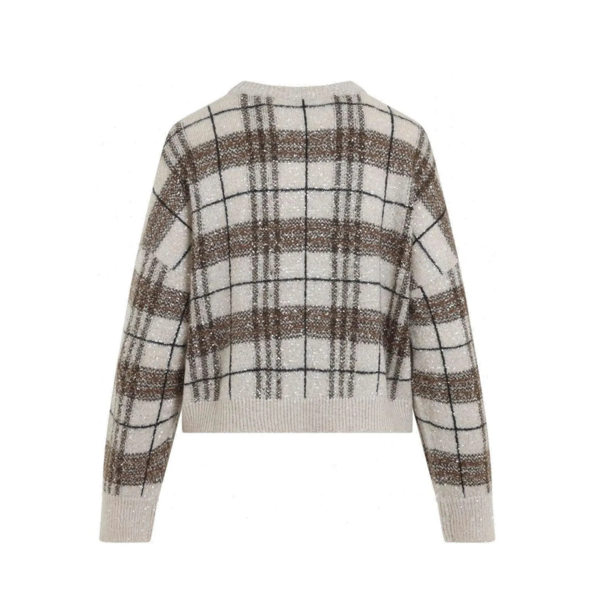 Pull col rond BRUNELLO CUCINELLI beige carreaux marron sequins