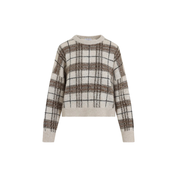 Pull col rond BRUNELLO CUCINELLI beige carreaux marron sequins