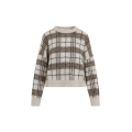 Pull col rond beige carreaux marron sequins