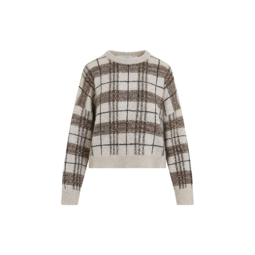 Pull col rond BRUNELLO CUCINELLI beige carreaux marron sequins
