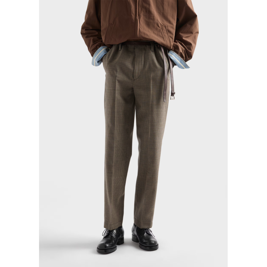 Pantalon ajusté PRADA laine vierge pied de poule vert foret