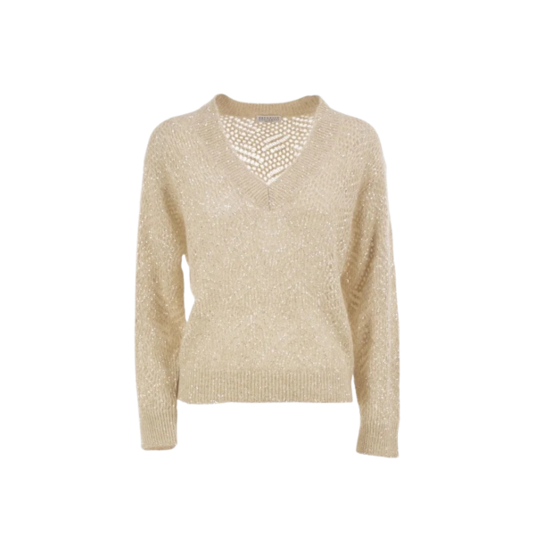 Pull col V BRUNELLO CUCINELLI crochet beige clair scintillant