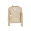 Pull col V crochet beige clair scintillant