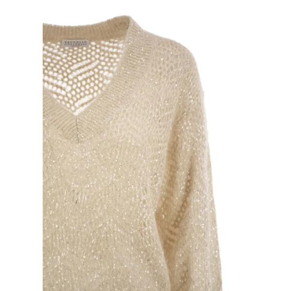 Pull col V BRUNELLO CUCINELLI crochet beige clair scintillant
