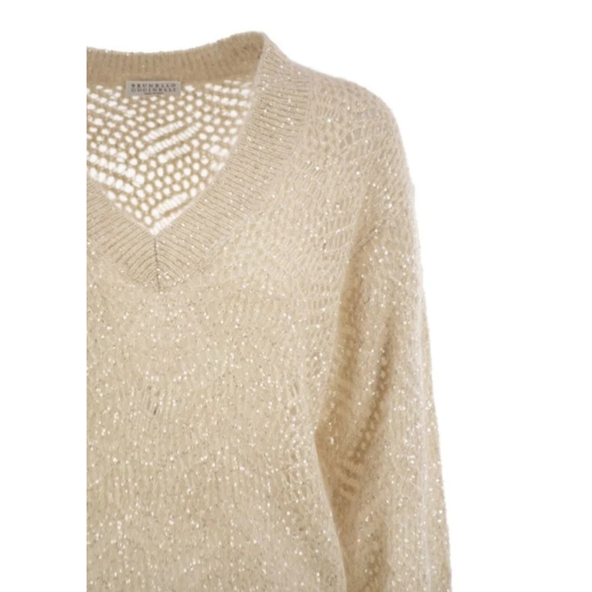 Pull col V BRUNELLO CUCINELLI crochet beige clair scintillant