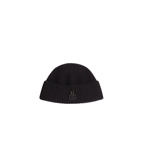 Bonnet DOLCE & GABBANA en maille laine lisse bleu marine DG cuir