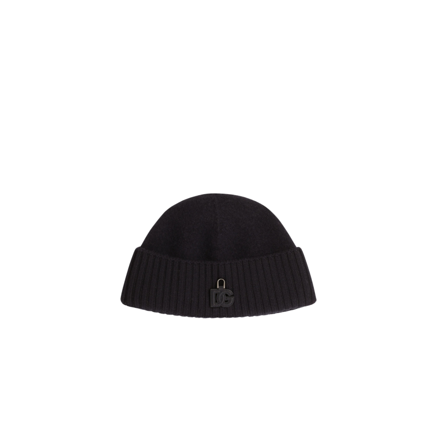 Bonnet DOLCE & GABBANA en maille laine lisse bleu marine DG cuir