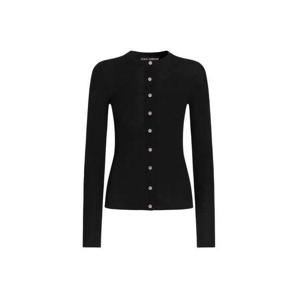 Cardigan DOLCE & GABBANA  col rond en cachemire côtelé noir bouton perle DG or