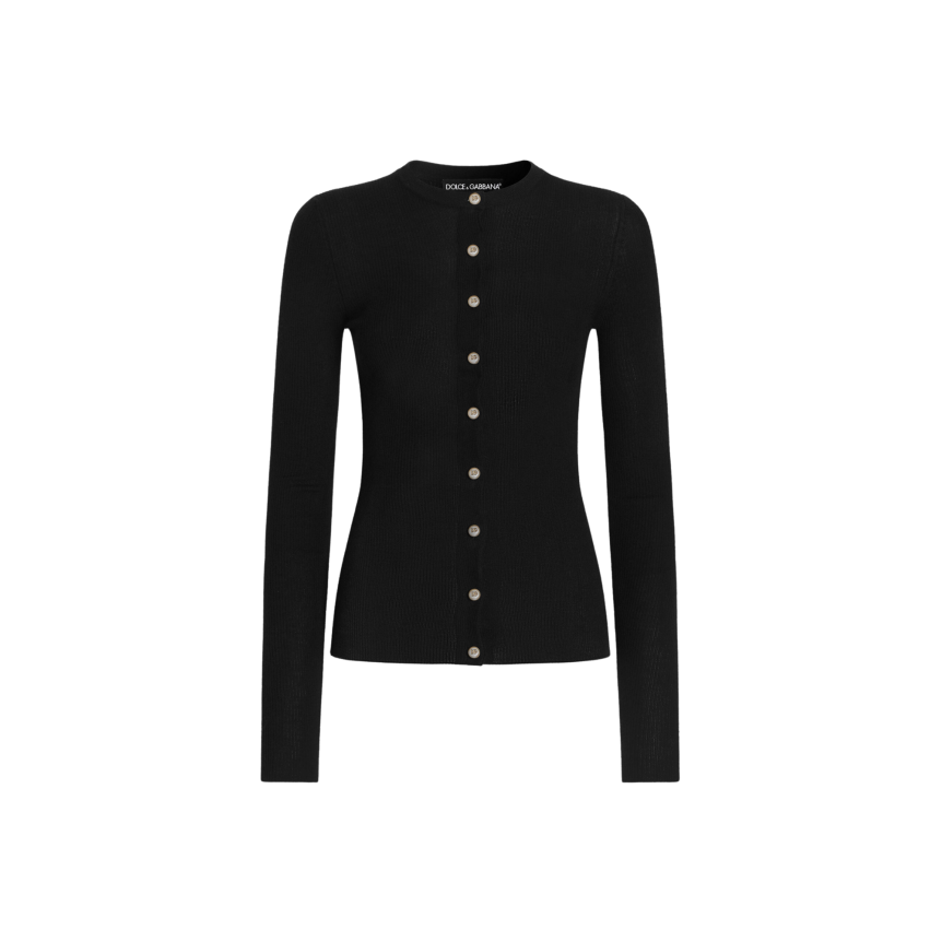 Cardigan DOLCE & GABBANA  col rond en cachemire côtelé noir bouton perle DG or