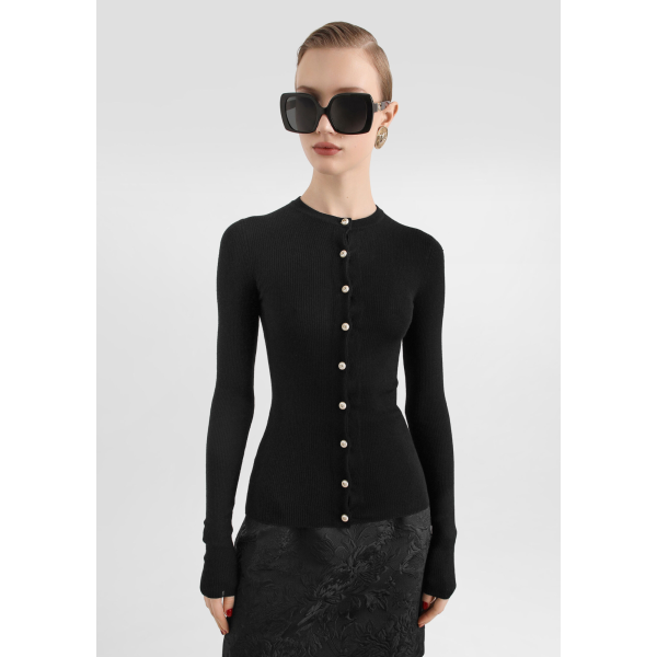 Cardigan DOLCE & GABBANA  col rond en cachemire côtelé noir bouton perle DG or