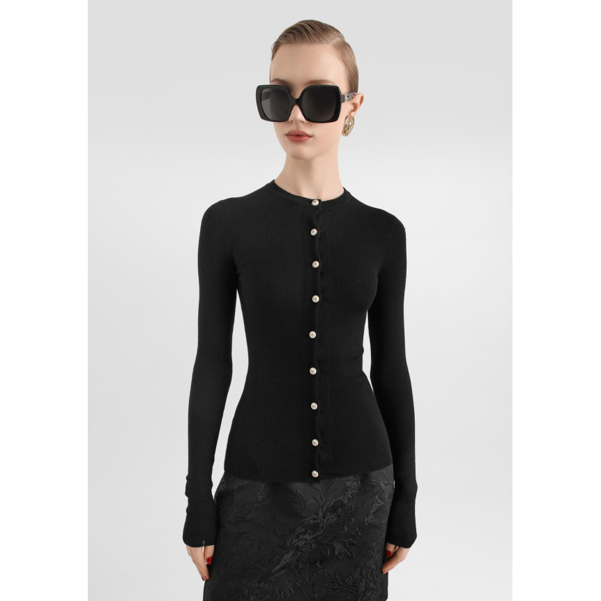 Cardigan DOLCE & GABBANA  col rond en cachemire côtelé noir bouton perle DG or