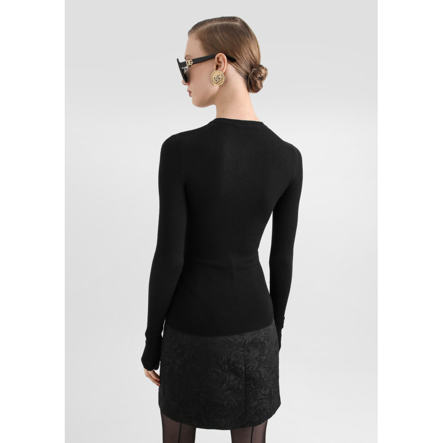 Cardigan DOLCE & GABBANA  col rond en cachemire côtelé noir bouton perle DG or