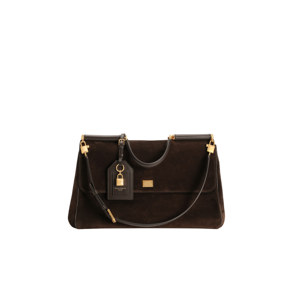Grand Sac à main DOLCE & GABBANA My Sicily en cuir de veau daim marron bandoulière porte clés