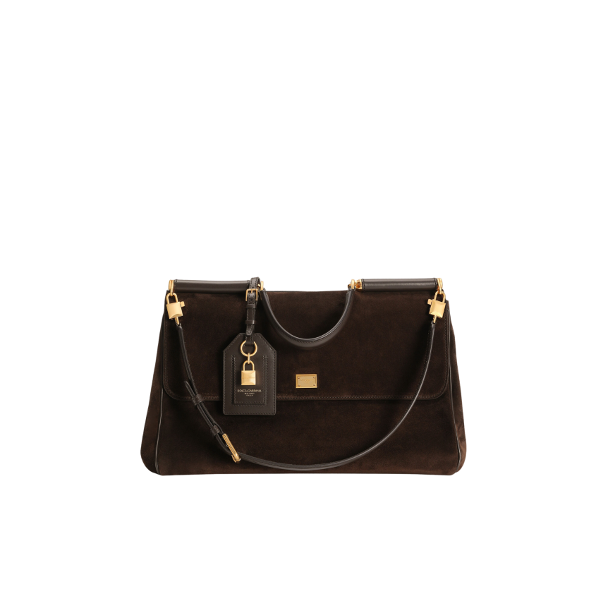 Grand Sac à main DOLCE & GABBANA My Sicily en cuir de veau daim marron bandoulière porte clés