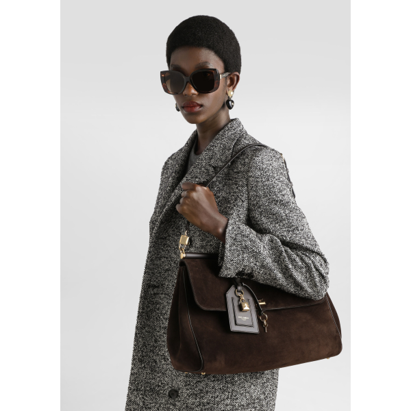 Grand Sac à main DOLCE & GABBANA My Sicily en cuir de veau daim marron bandoulière porte clés